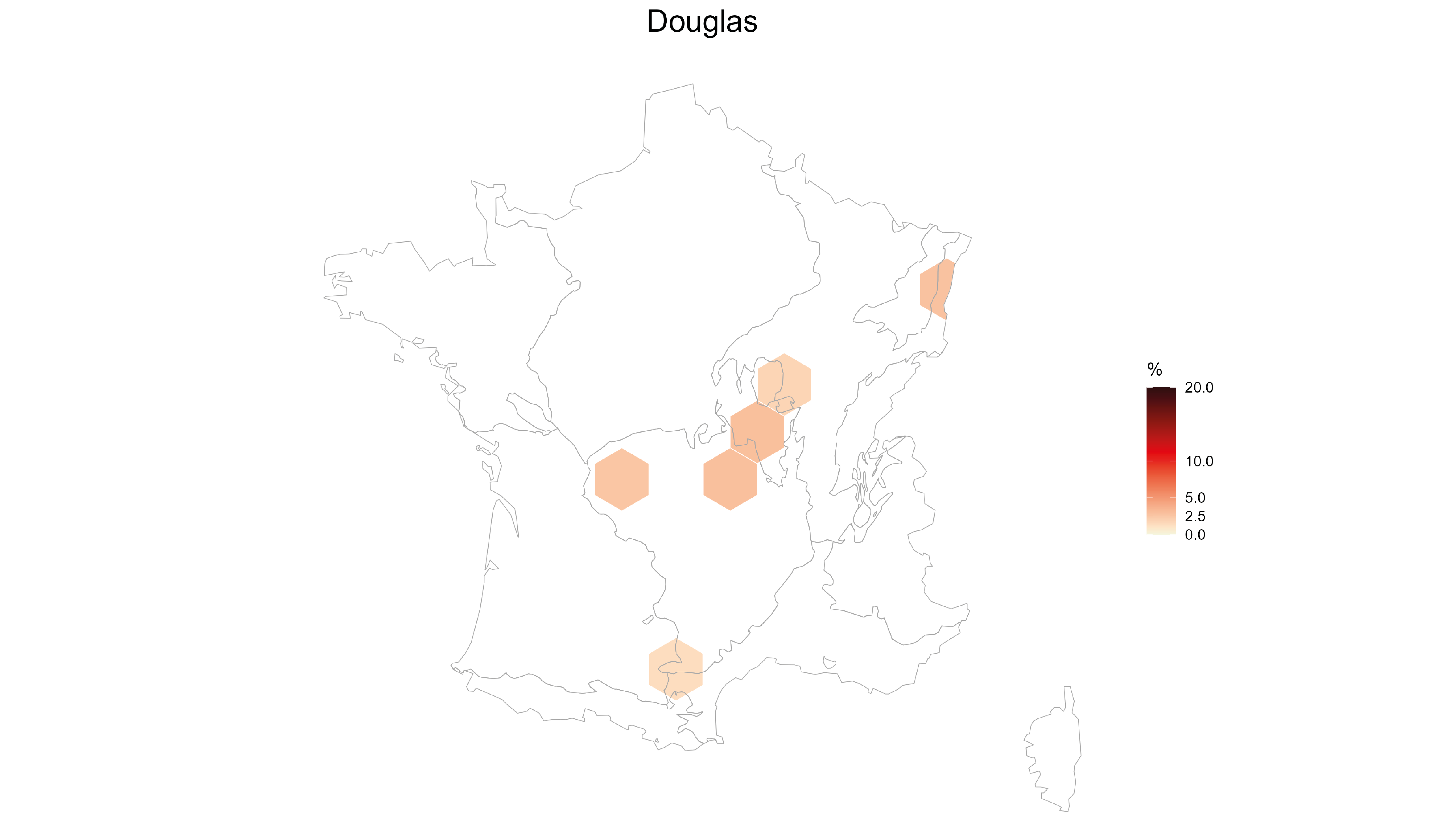Carte de mortalité du Douglas en France hexagonale : « campagnes IGN 2019-2023, résultats pour la forêt de production». Crédit : « IGN – Inventaire forestier national ».