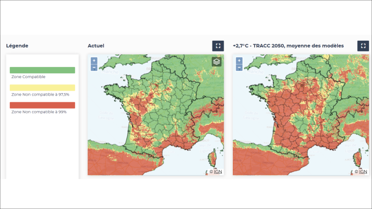 Carte de compatibilité climatique pour Abies Alba, selon les trois indicateurs IKS, actuel et pour un scénario TRACC +2.7°C modèle moyen à l'horizon 2050. © ClimEssences (https://climessences.fr/).